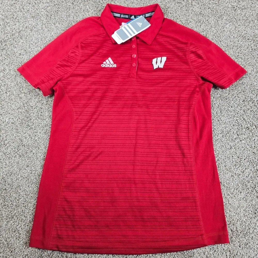 Wisconson Badgers Shirt Men Medium Red Striped Adidas Climalite Logo Performance